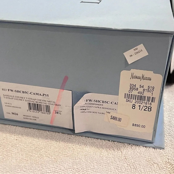 Lanvin Womens Aged Silver Platform Heels 8.5B Chunky T Strap Goatskin Metal - Picture 9 of 12